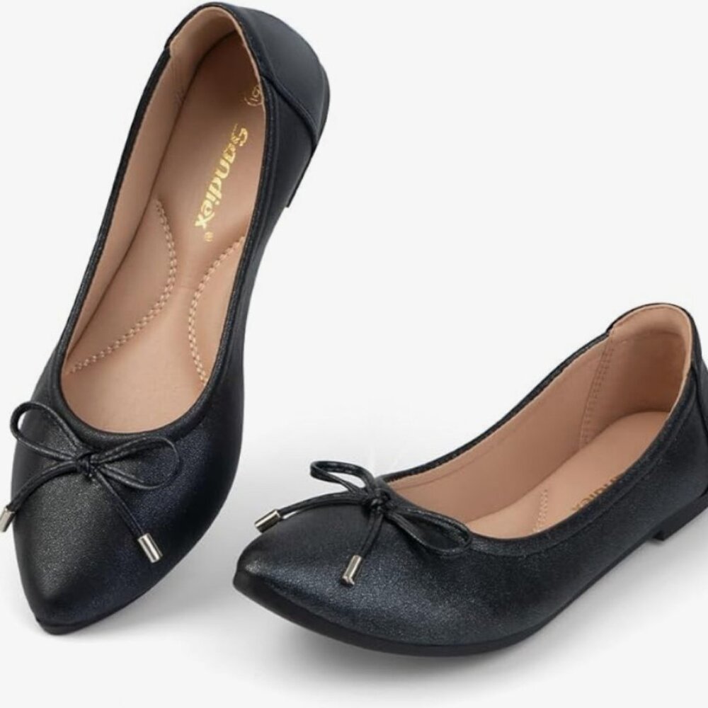Black Adorable Ballet Flats with Bow Pointed Toe - fits US Womens 8.5 - 9